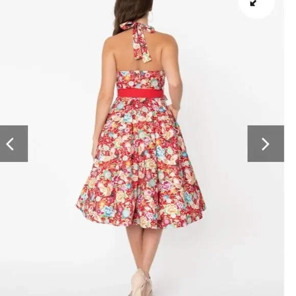 NEW Unique Vintage Red  Floral Halter Dress | Size M - Picture 3 of 16